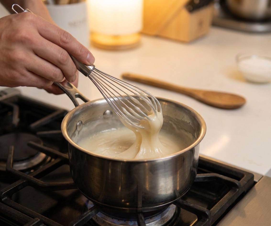 A small saucepan on a stovetop with thickened tangzhong paste being whisked smooth