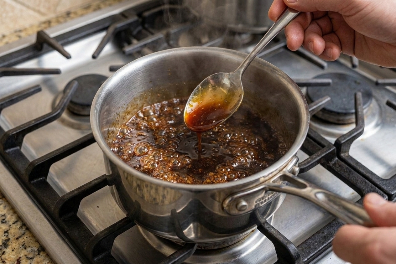 A small saucepan on the stove with a bubbling maple-soy glaze being stirred with a spoon