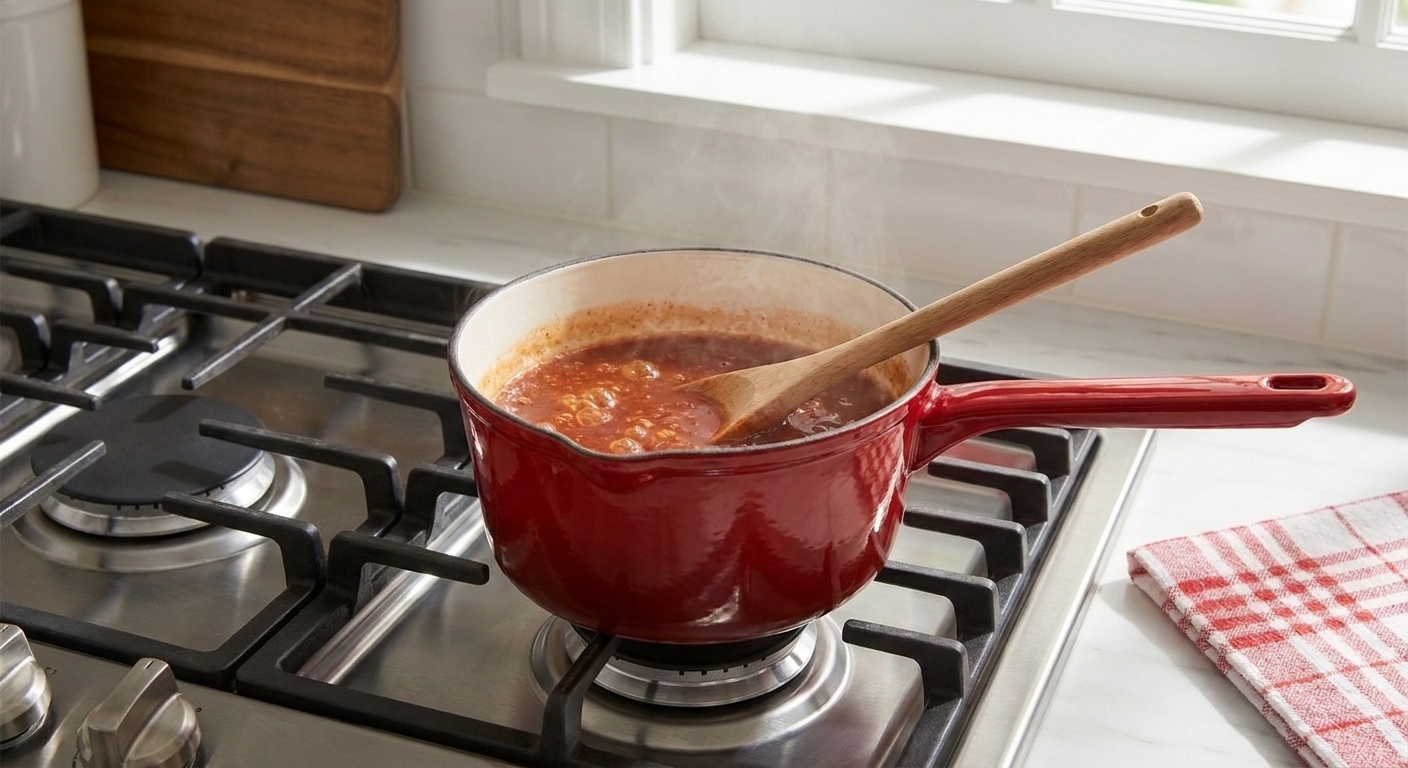 A small saucepan on the stove with a glossy red glaze gently simmering