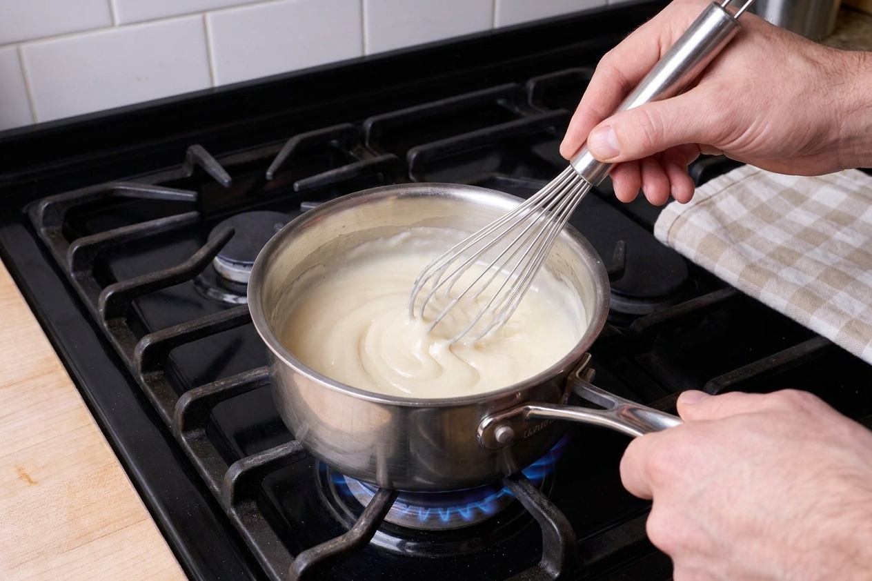 A small saucepan on the stove with a whisk stirring a thickened tangzhong paste until smooth