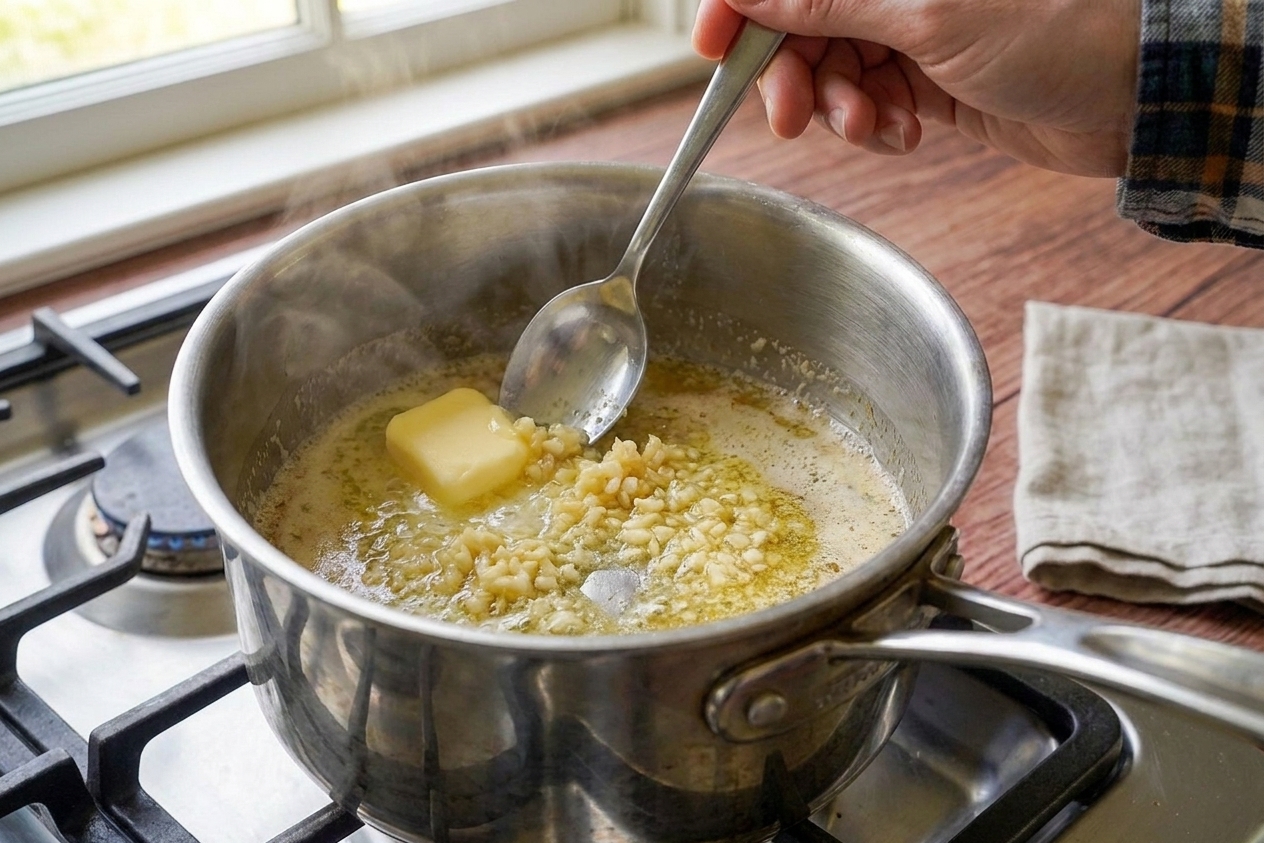 A small saucepan on the stove with butter melting and minced garlic being stirred with a spoon