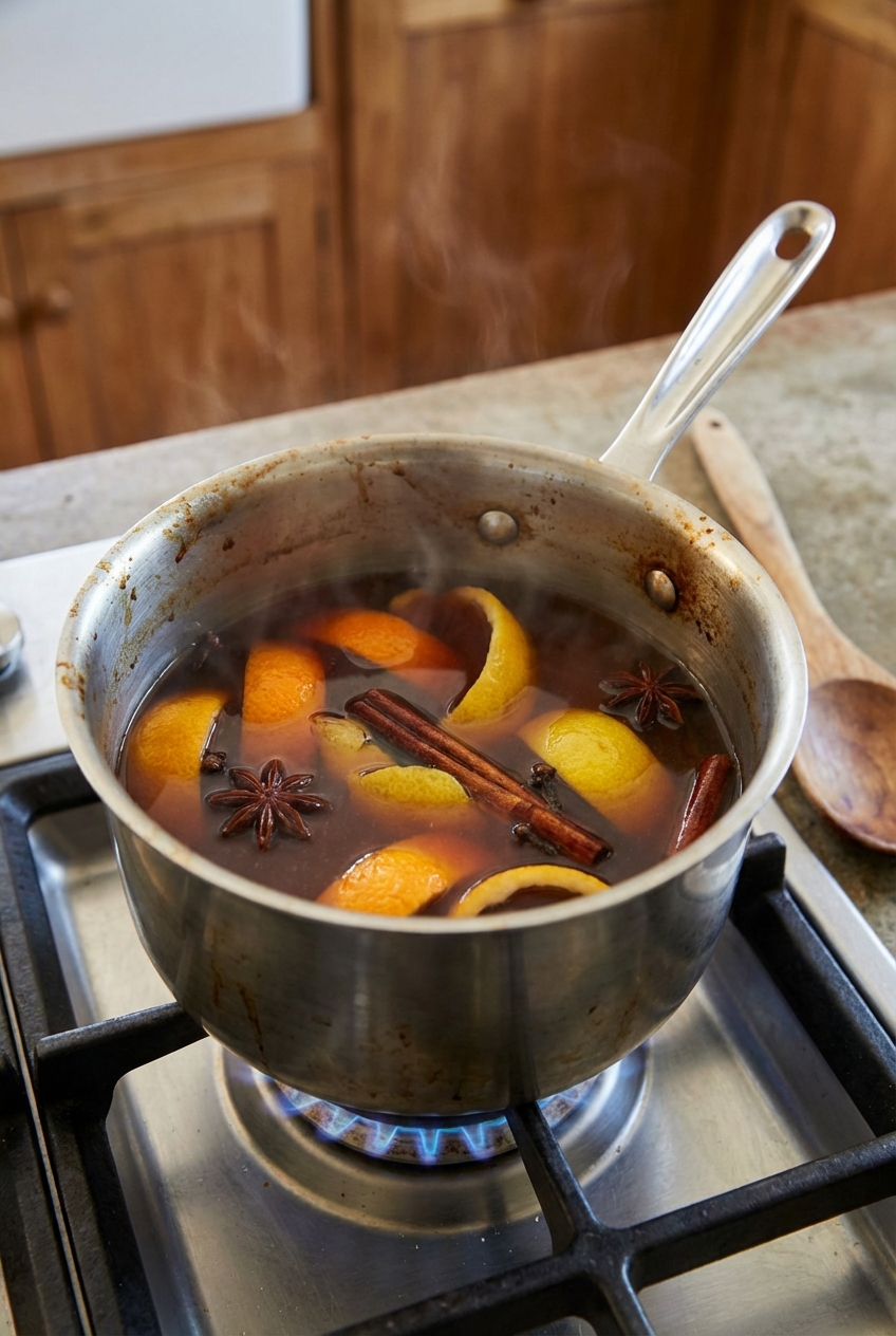 A small saucepan on the stove with citrus peels and whole spices gently simmering in amber liquid