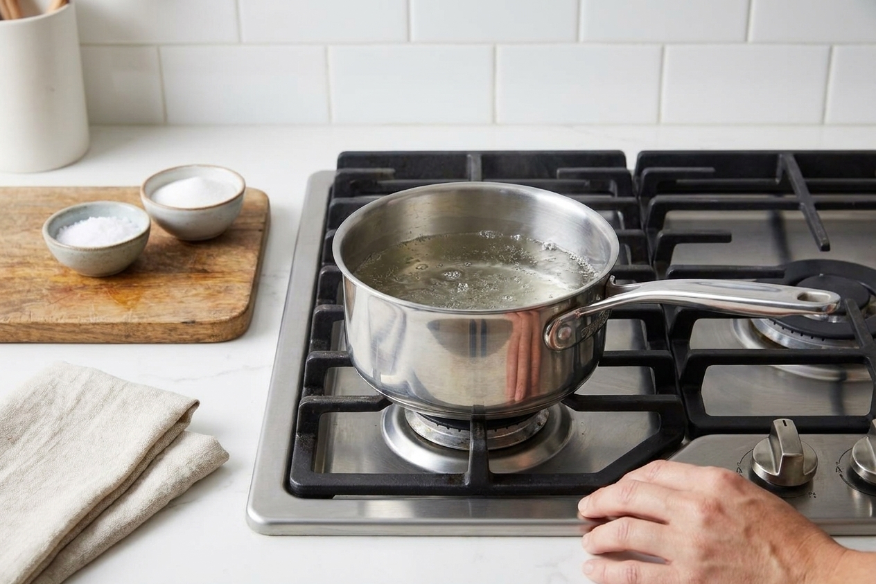 A small saucepan on the stove with clear pickling brine gently simmering