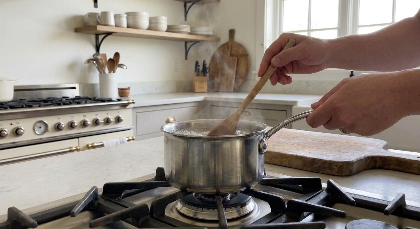 A small saucepan on the stove with clear syrup being stirred with a spoon, mid-cook