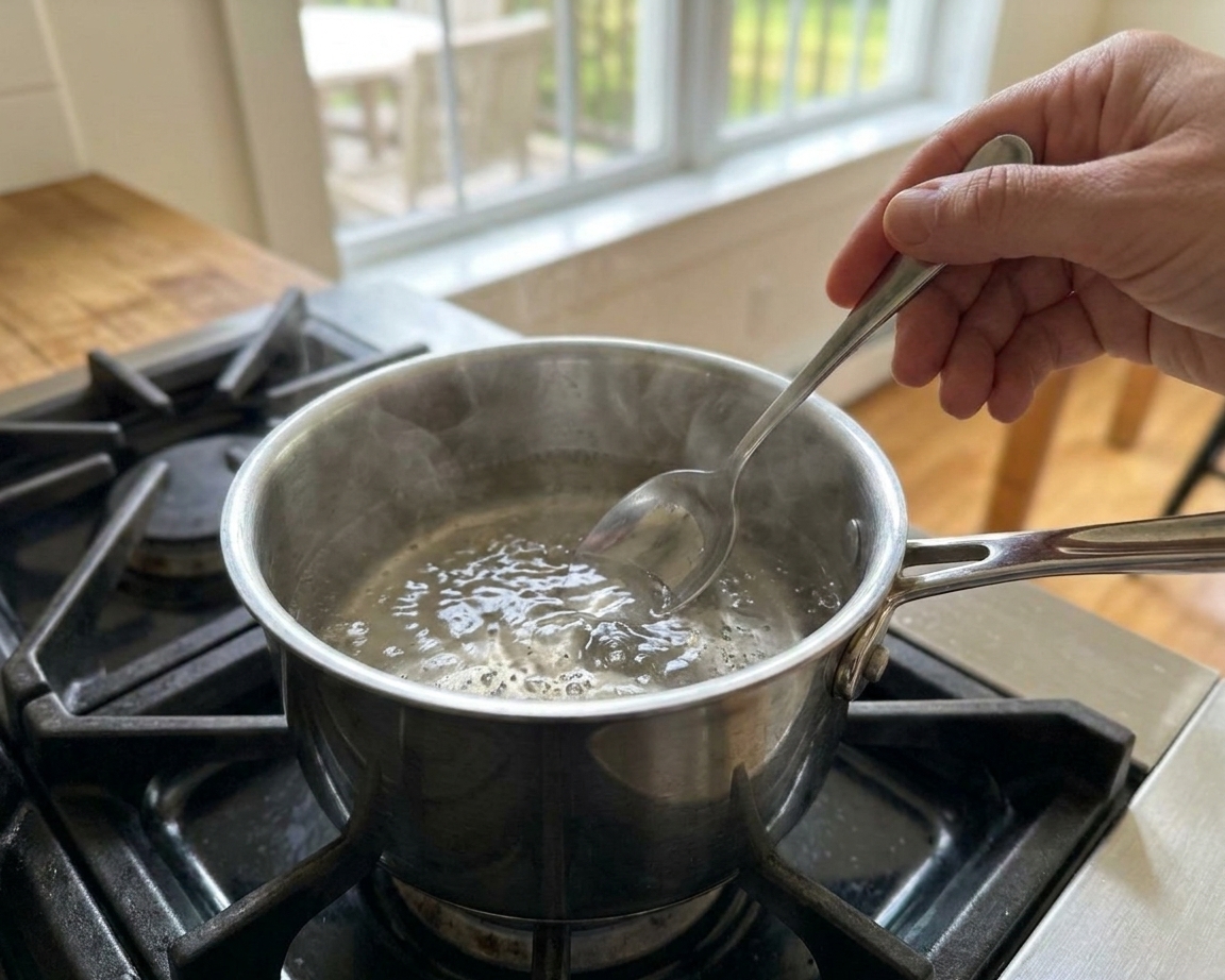 A small saucepan on the stove with clear vinegar brine gently simmering while a spoon stirs