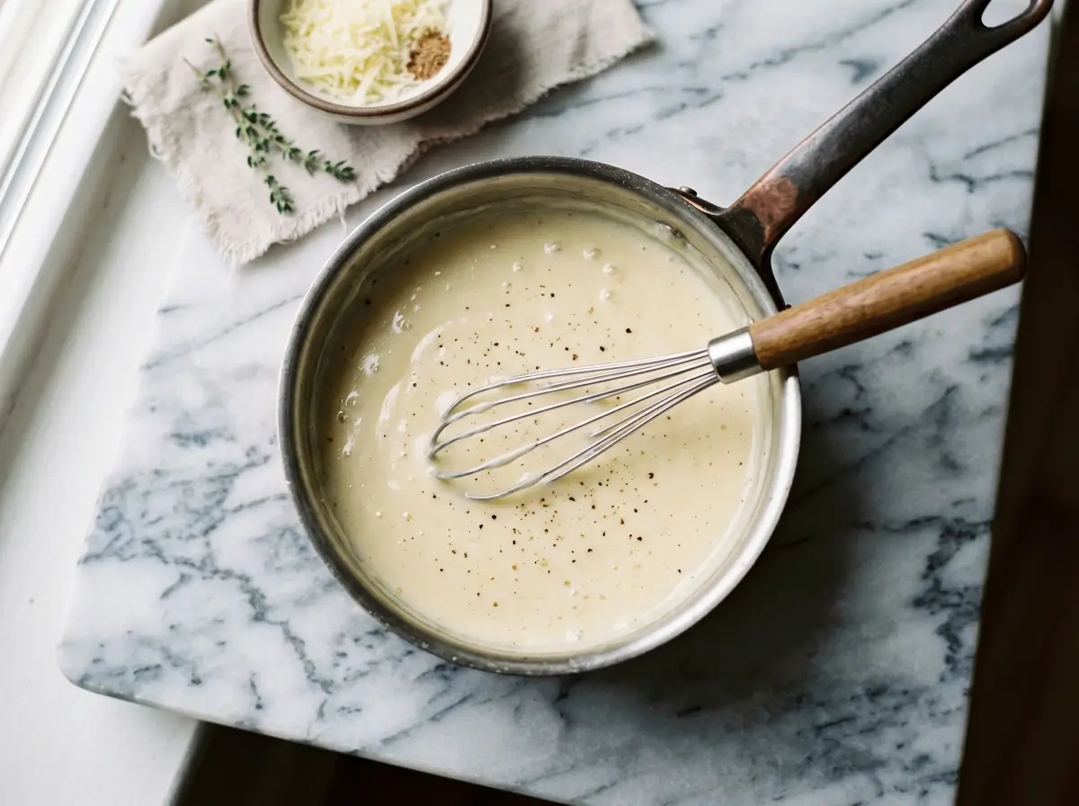 A small saucepan on the stove with creamy Mornay sauce being whisked until smooth with gentle steam rising in warm kitchen light