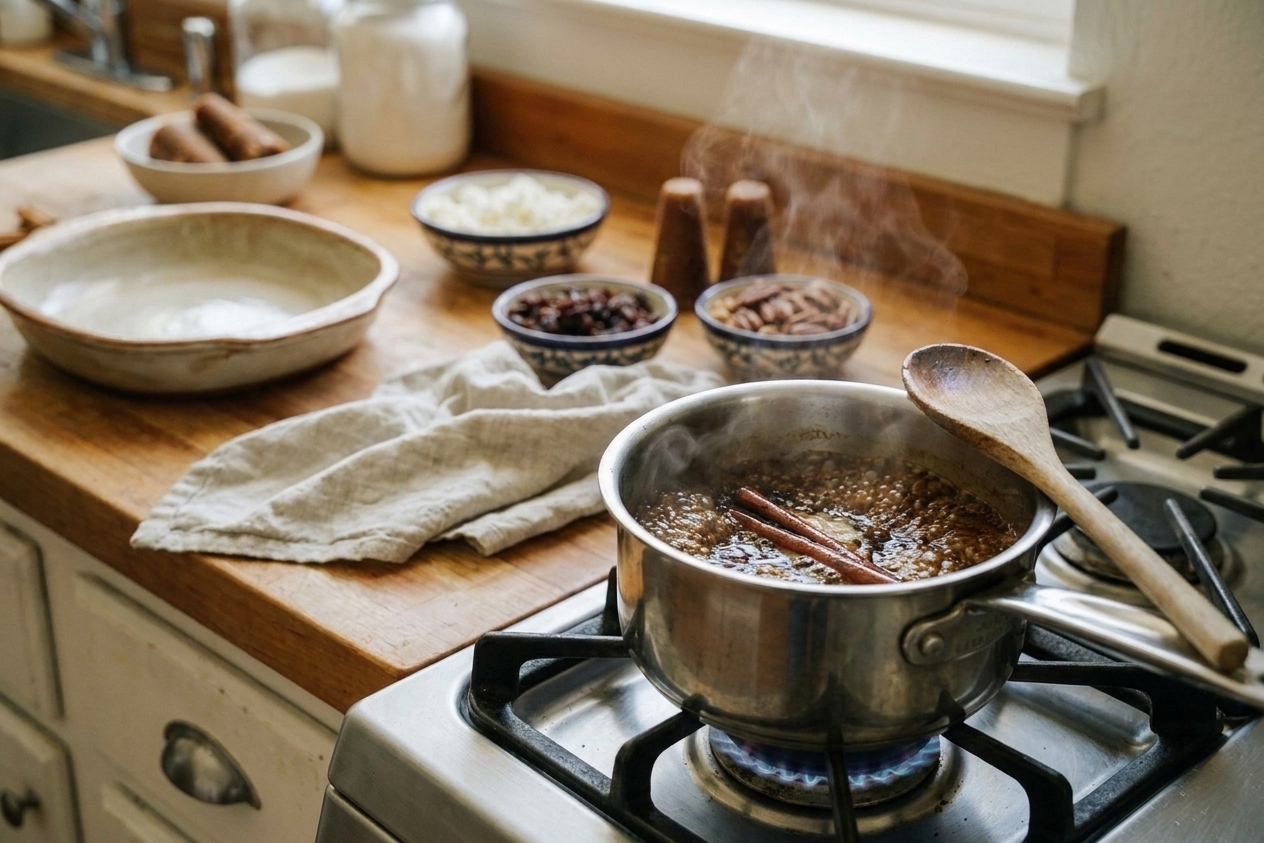 A small saucepan on the stove with dark piloncillo syrup bubbling gently, cinnamon stick visible in the pot