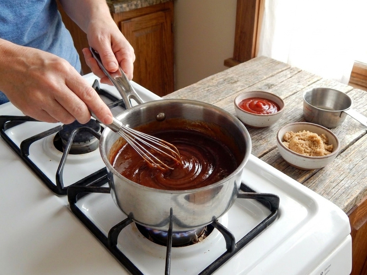A small saucepan on the stove with ketchup brown sugar glaze being whisked until smooth