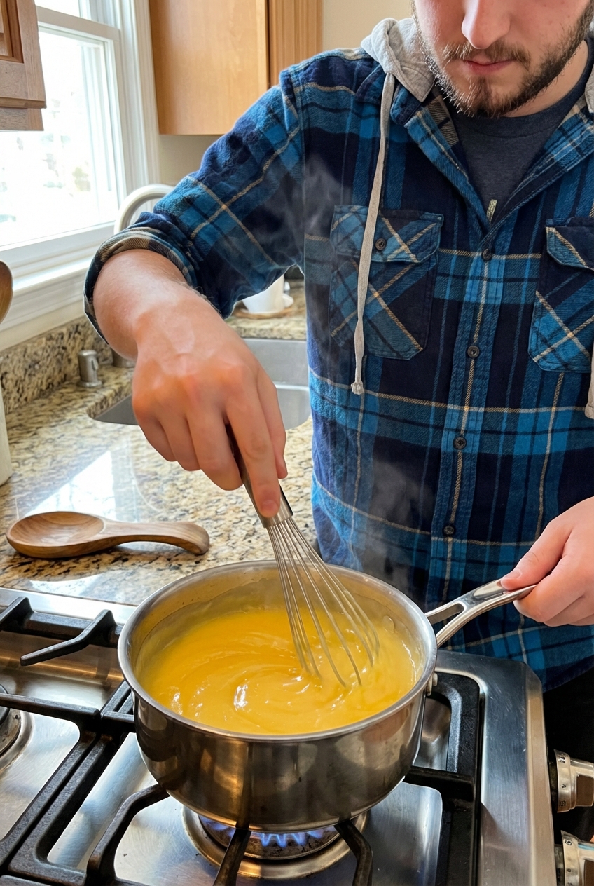 A small saucepan on the stove with lemon curd being whisked until thick and smooth