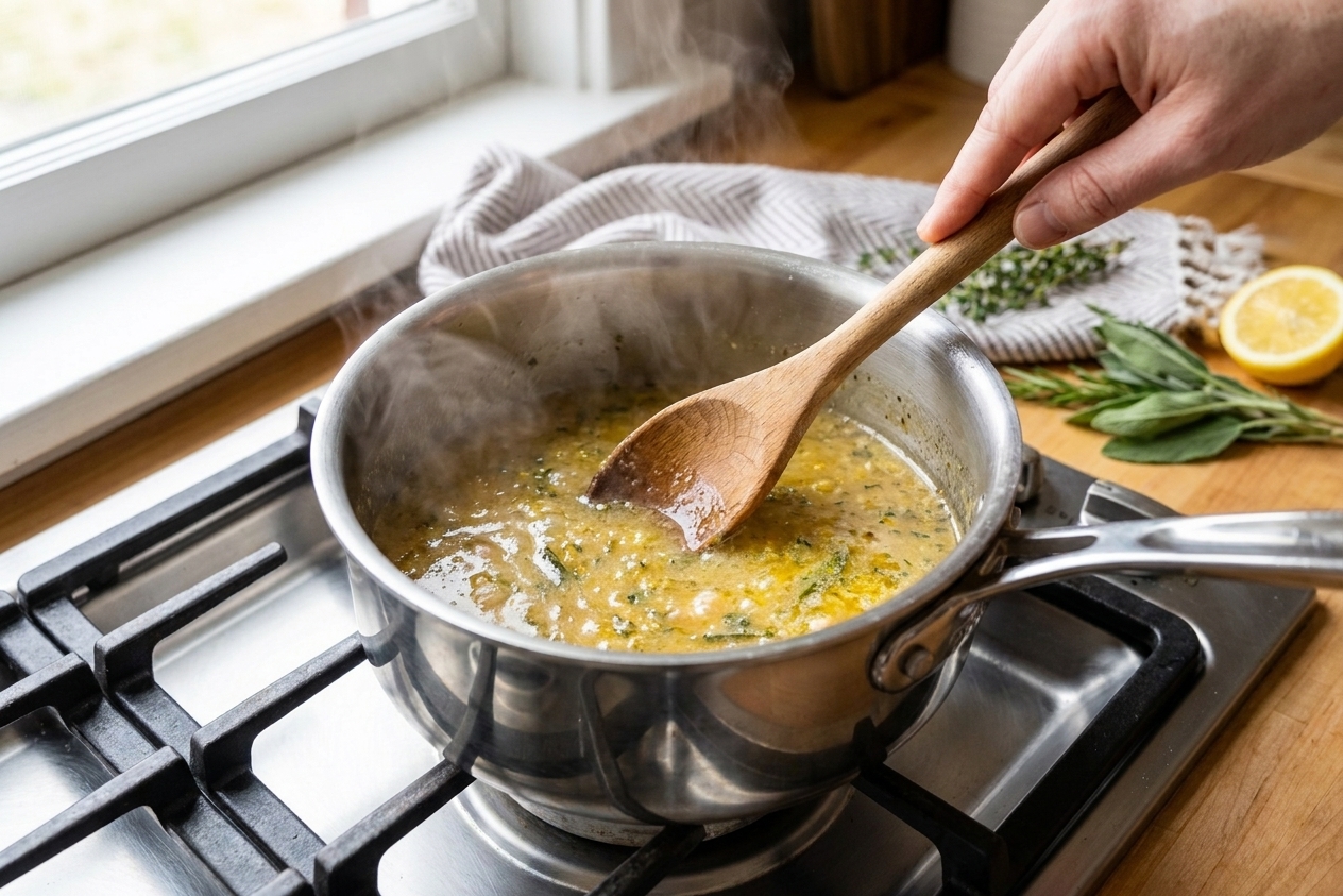 A small saucepan on the stove with lemony chicken pan sauce simmering, with a wooden spoon stirring and steam rising
