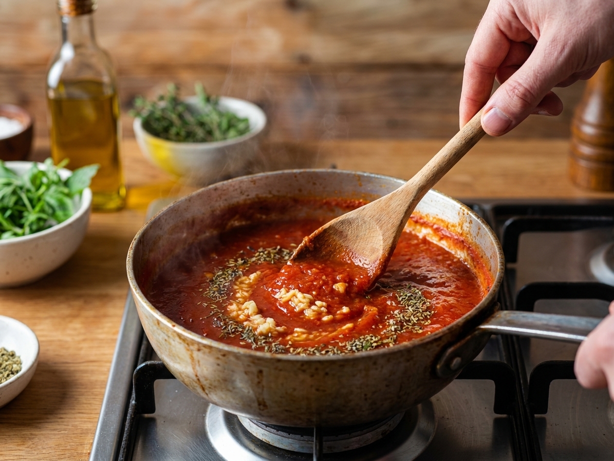 A small saucepan on the stove with marinara sauce being stirred with minced garlic and dried herbs, steam rising in a cozy kitchen