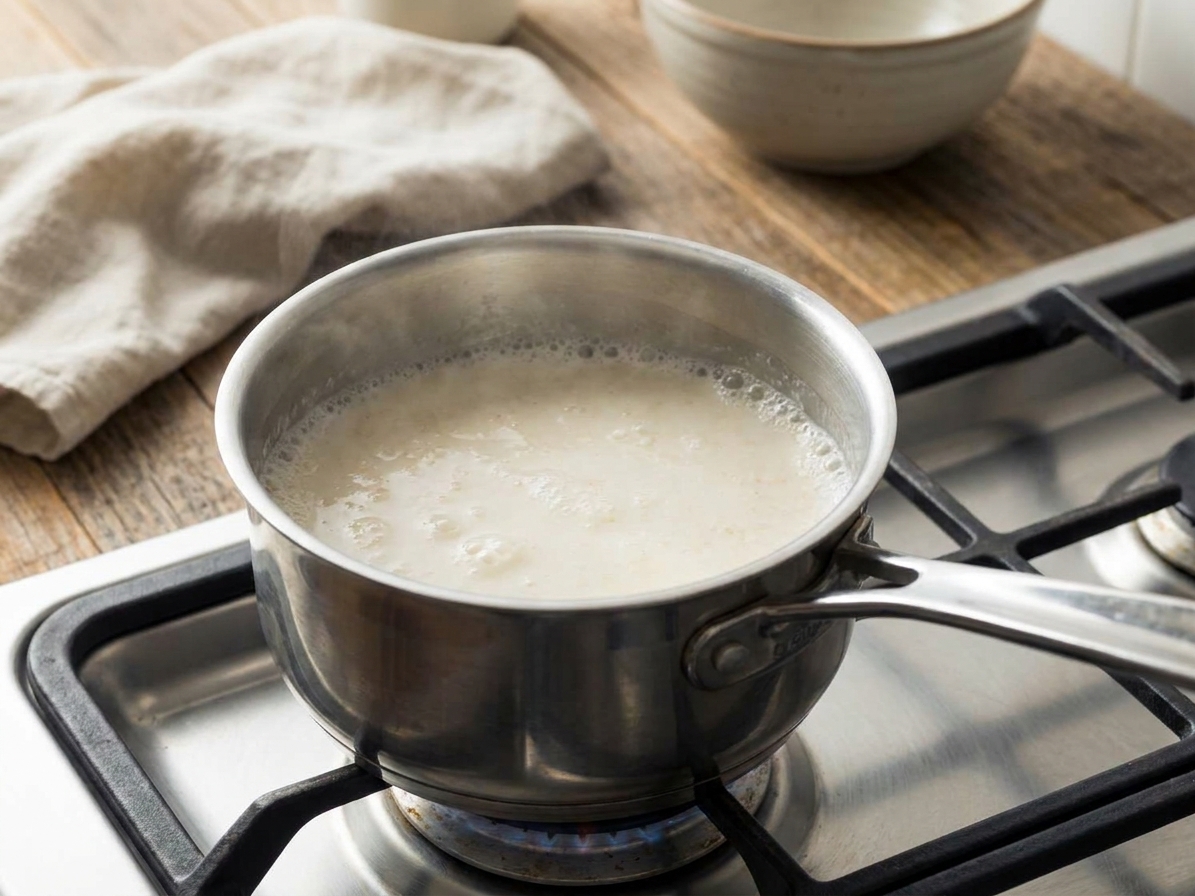 A small saucepan on the stove with milk and water gently simmering, small bubbles forming at the edges