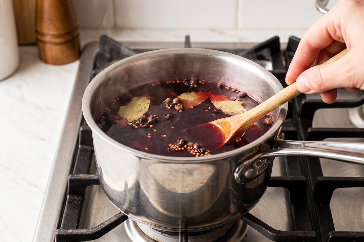 A small saucepan on the stove with pickling brine gently simmering, spices floating at the surface