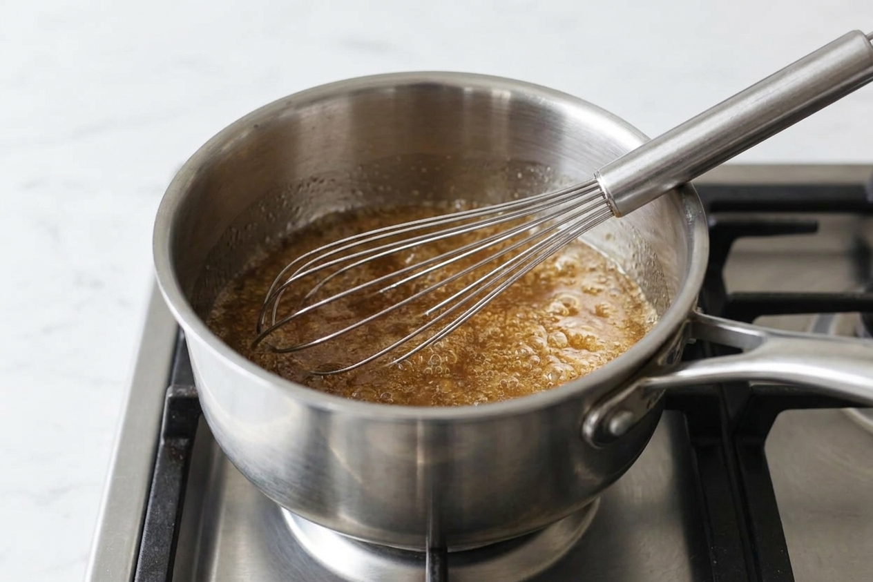 A small saucepan on the stove with sugar syrup gently simmering, a whisk resting inside