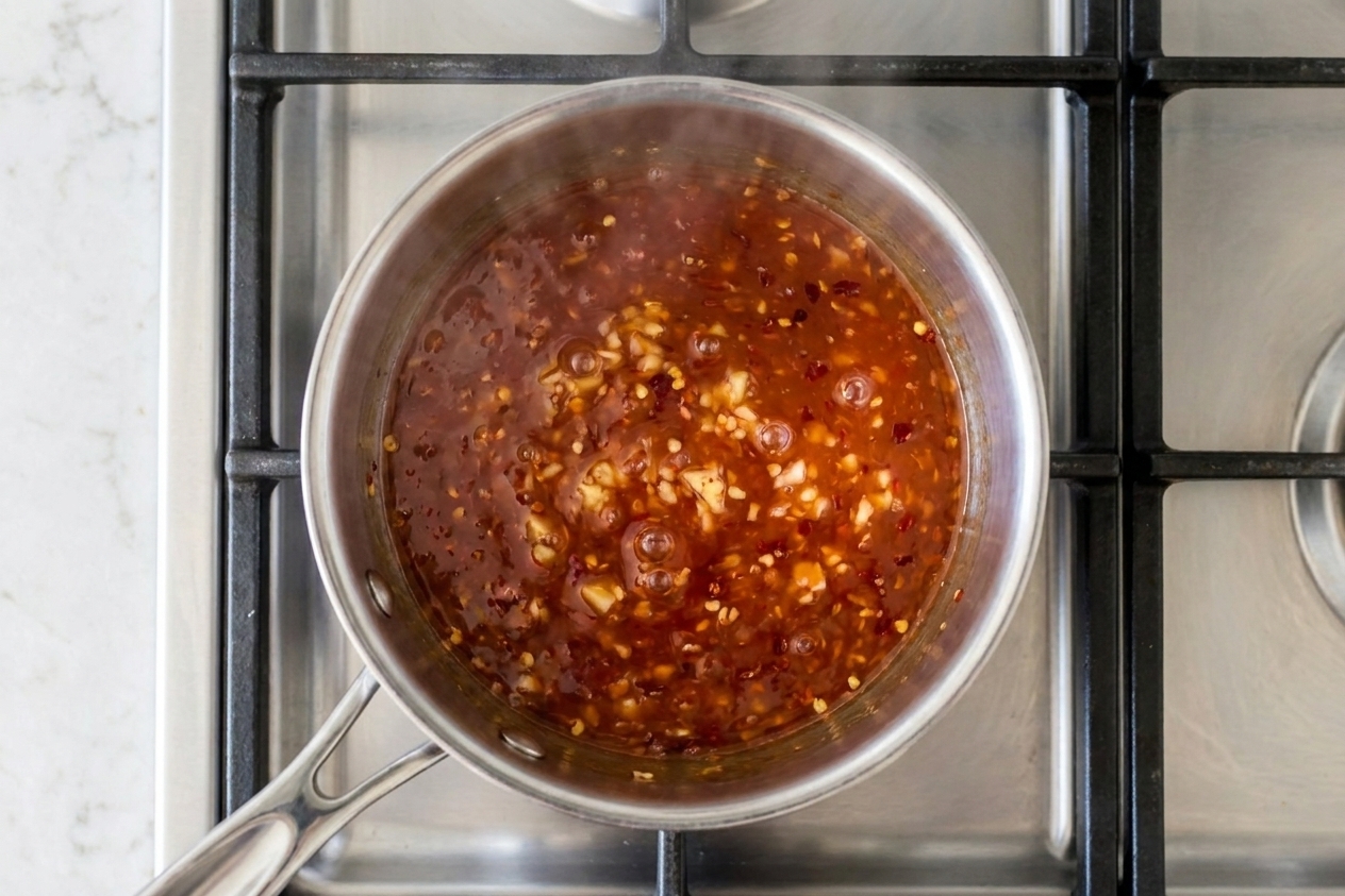 A small saucepan on the stove with sweet chili sauce mixture gently simmering, with visible garlic and red pepper flakes