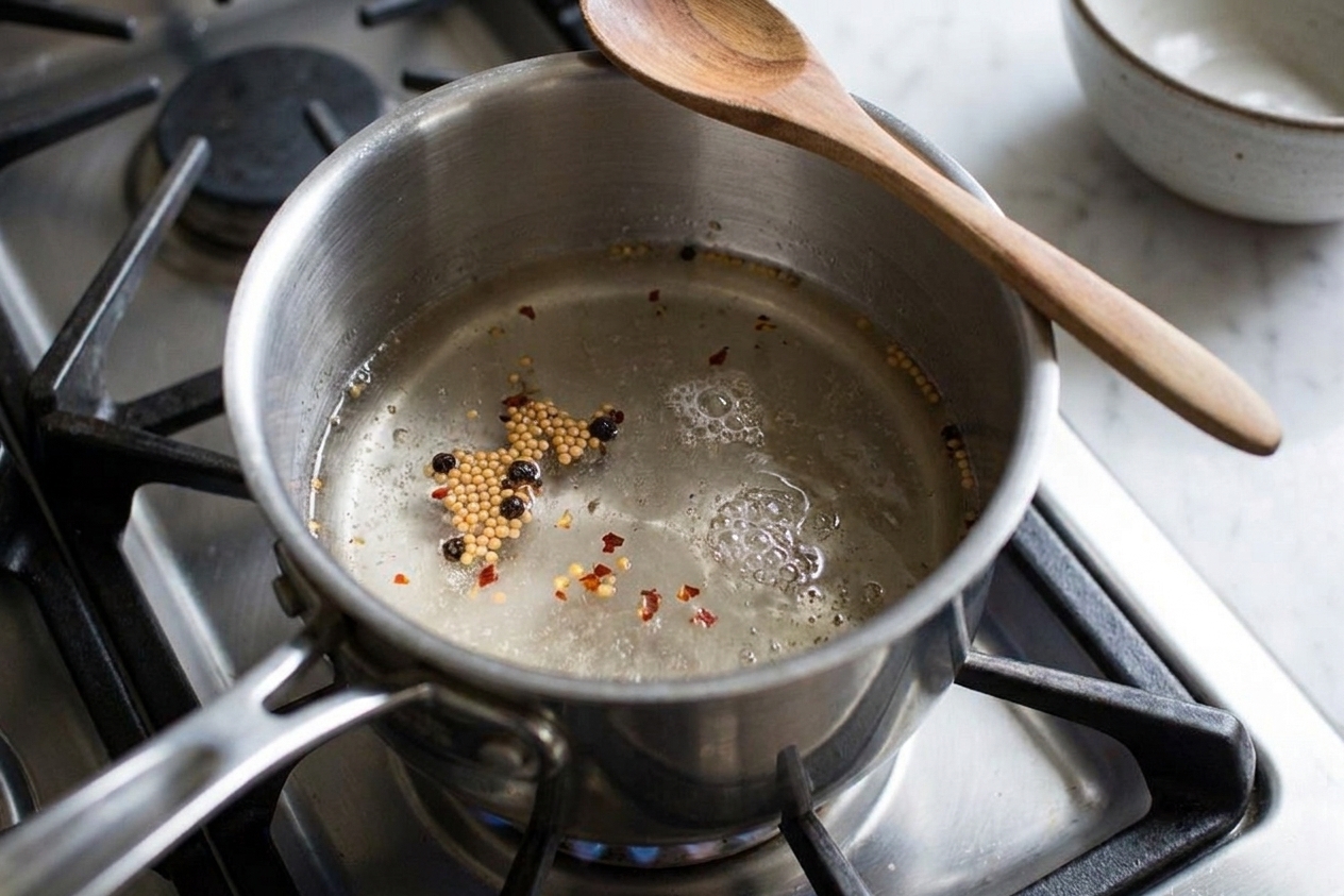 A small saucepan on the stove with vinegar and sugar simmering gently, spices visible on the surface