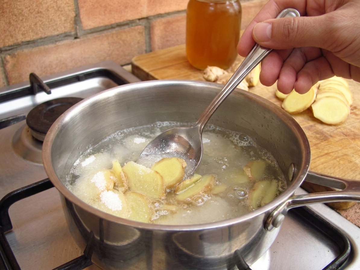 A small saucepan on the stove with water, sugar, and sliced ginger being stirred with a spoon as the sugar dissolves