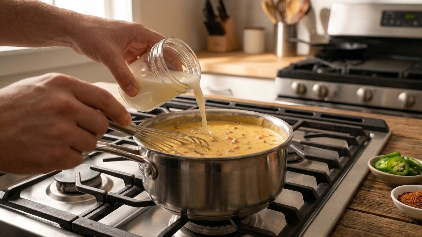A small saucepan on the stovetop with queso being stirred while a splash of milk is added to loosen it, cozy kitchen lighting