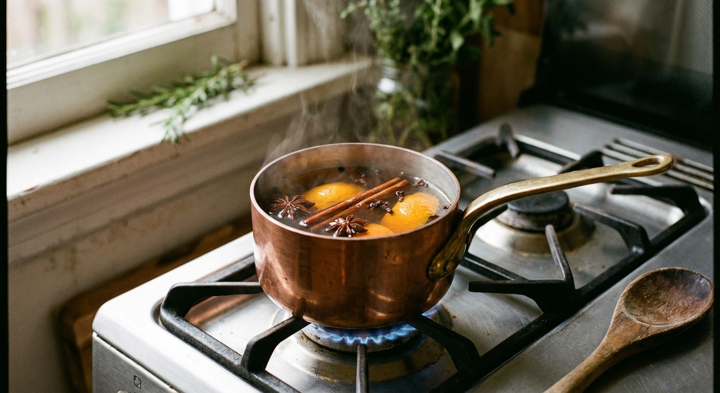 A small saucepan simmering cinnamon sticks and spices in water on a stovetop