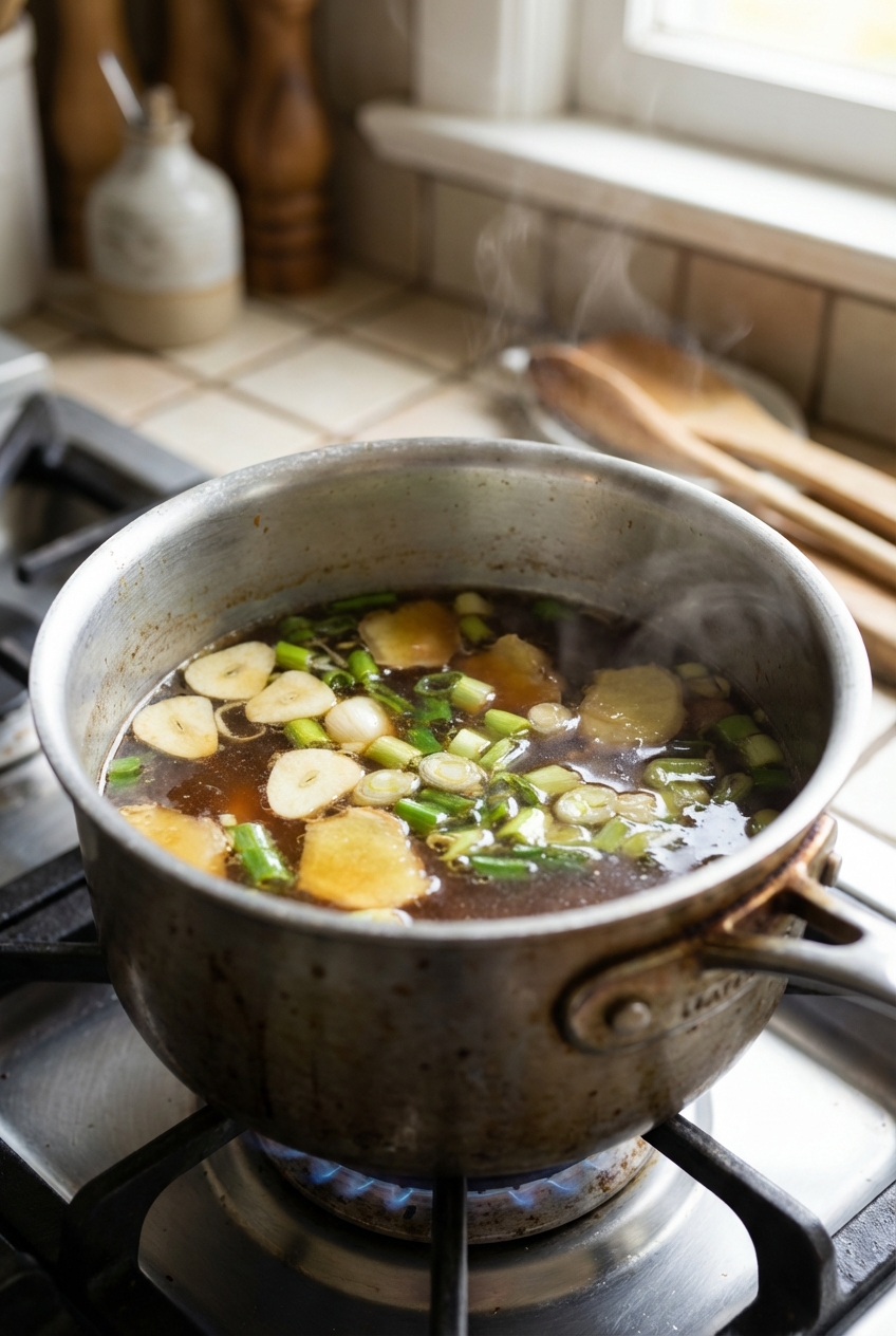 A small saucepan simmering ramen broth with garlic, ginger, and scallions on a stovetop