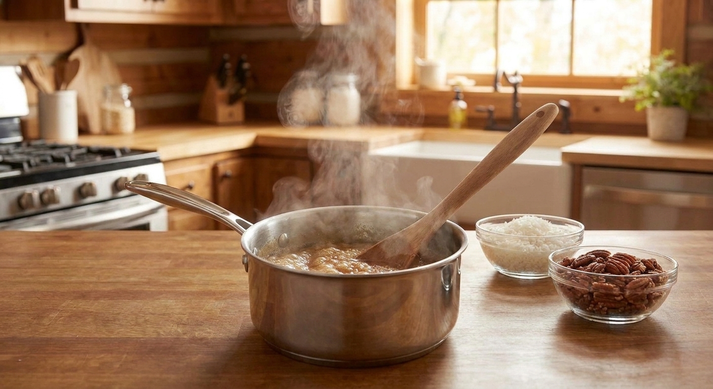 A small saucepan with a bubbling brown sugar butter mixture and coconut and chopped pecans ready to stir in