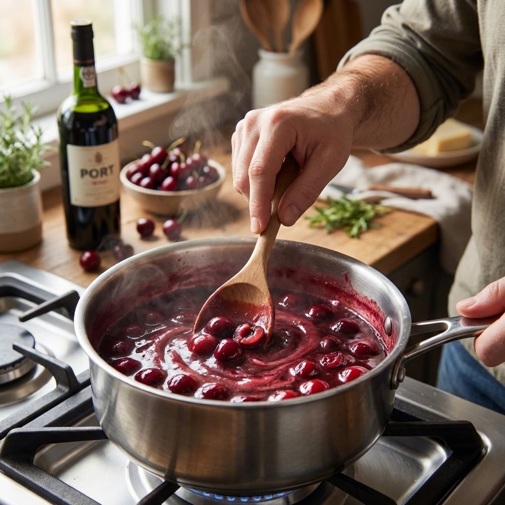 A small saucepan with a glossy cherry and port wine sauce simmering, a wooden spoon stirring, real food photography
