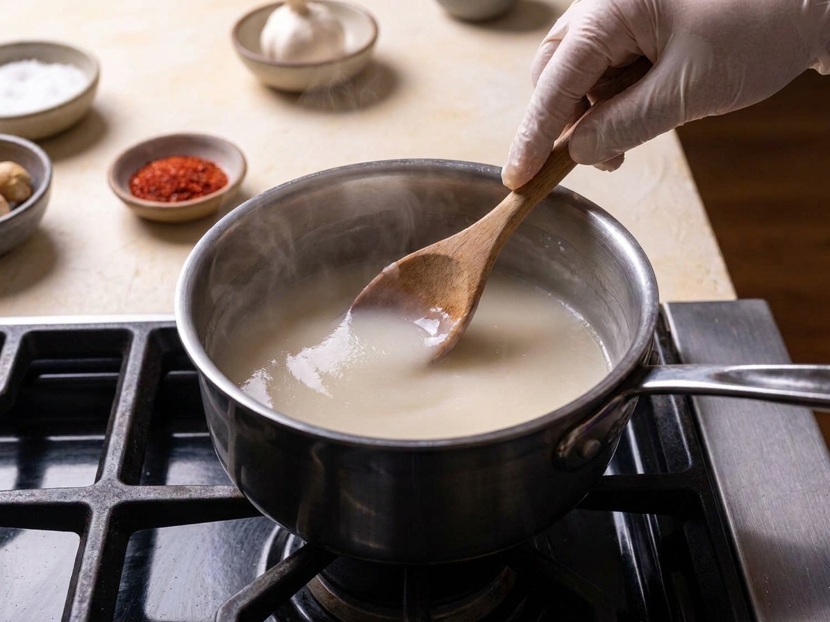 A small saucepan with a pale thickened slurry being stirred with a wooden spoon until smooth