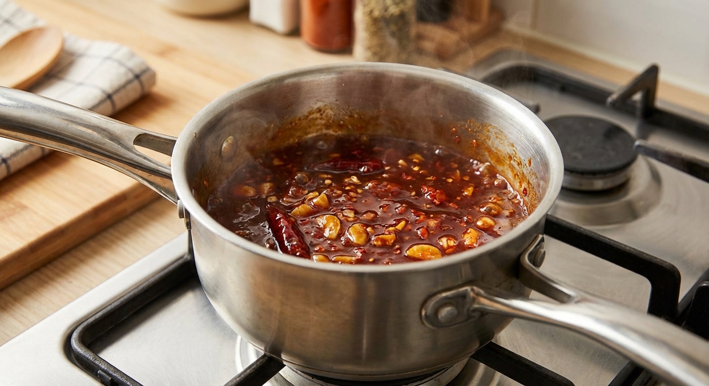 A small saucepan with a sweet and spicy chili sauce simmering with visible garlic and chili flakes