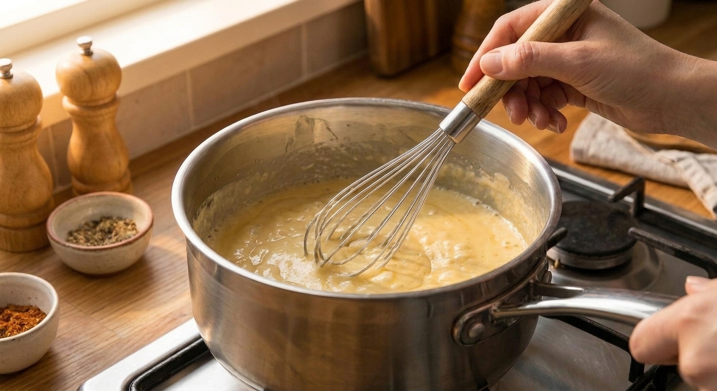 A small saucepan with butter and flour being whisked into a pale roux on a stovetop
