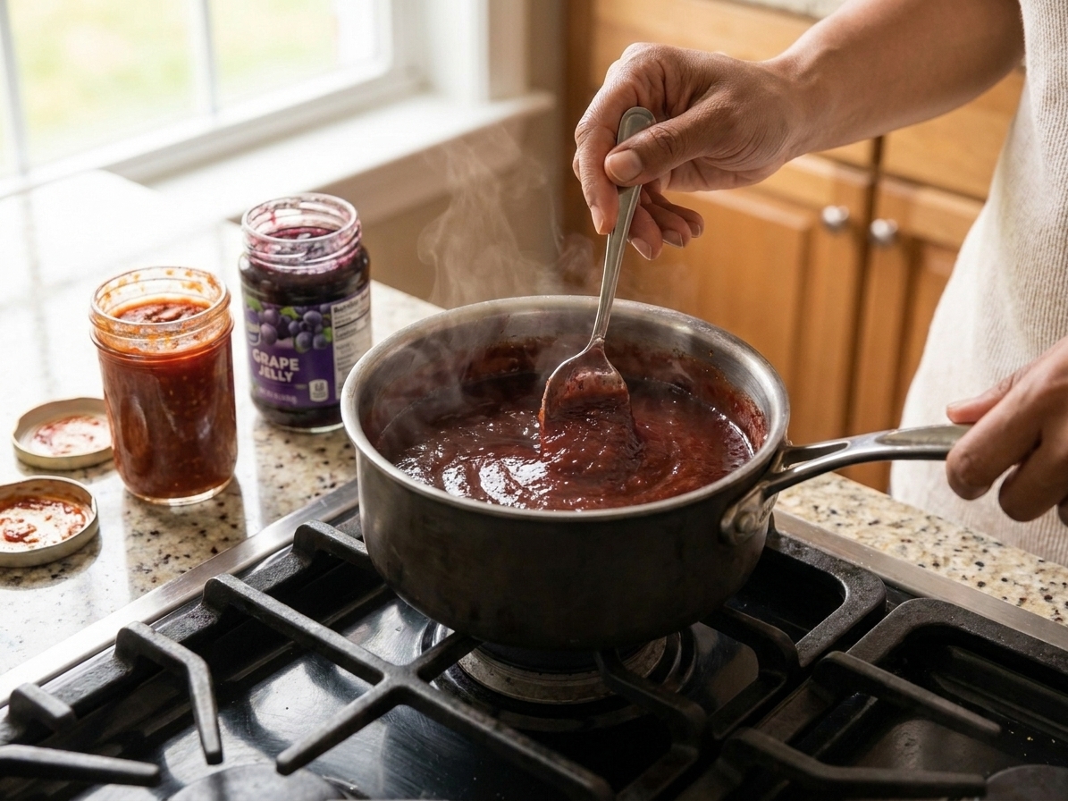 A small saucepan with chili sauce and grape jelly being stirred into a smooth, glossy sauce on the stove