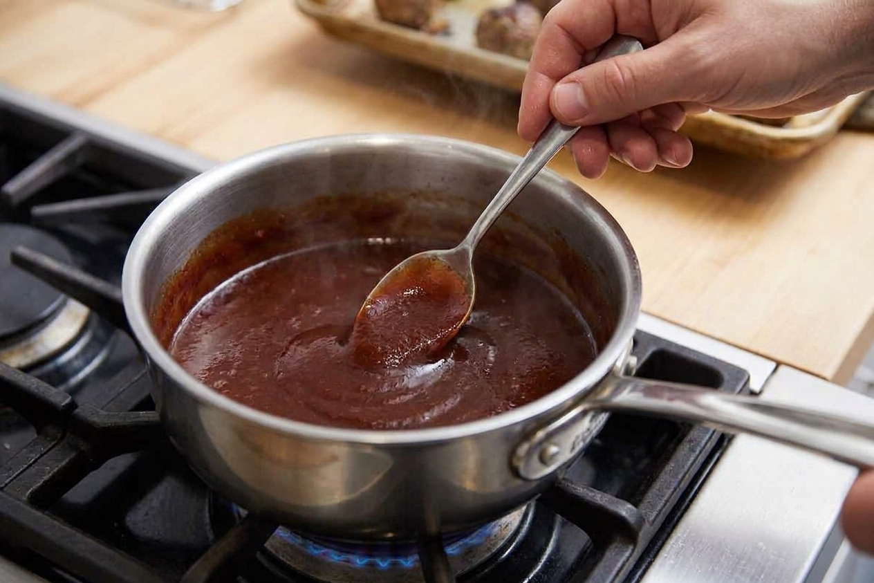 A small saucepan with chili sauce and grape jelly melted into a smooth, glossy sauce while a spoon stirs