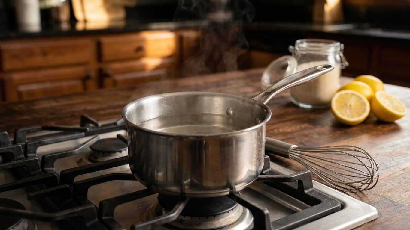 A small saucepan with clear, dissolved simple syrup on a stovetop with a whisk nearby