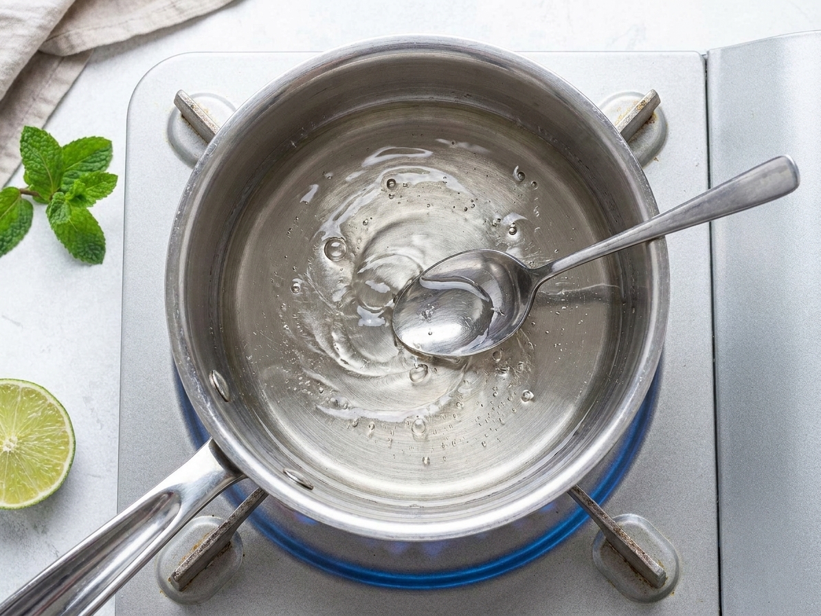 A small saucepan with clear simple syrup being stirred with a spoon