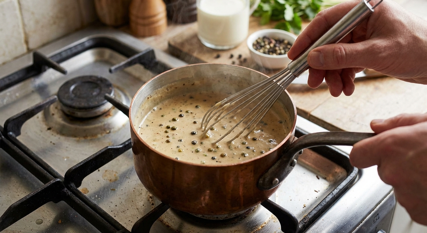 A small saucepan with creamy peppercorn sauce being whisked on a stovetop