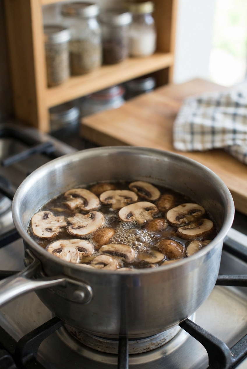 A small saucepan with dark broth simmering and sliced mushrooms floating on top