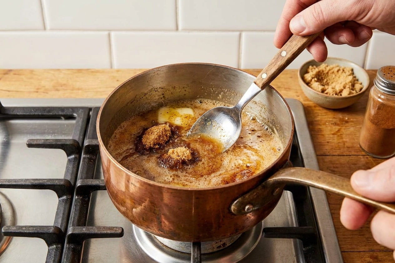 A small saucepan with melted butter and brown sugar being stirred into a shiny spiced glaze on a stovetop