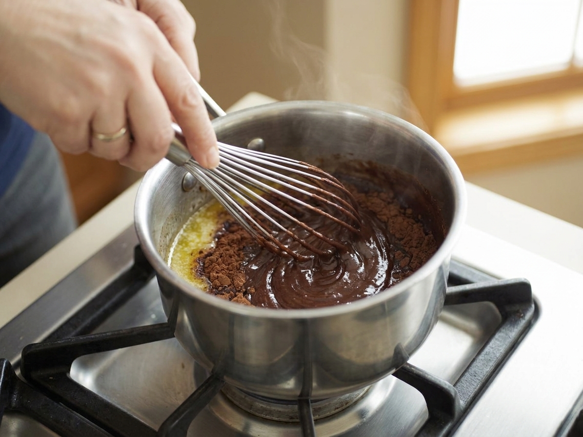 A small saucepan with melted butter and cocoa powder being whisked into a smooth chocolate paste on a stovetop