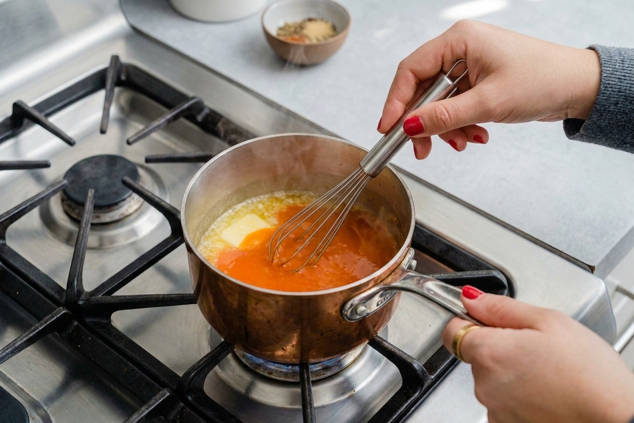 A small saucepan with melted butter and hot sauce being whisked together on a stovetop