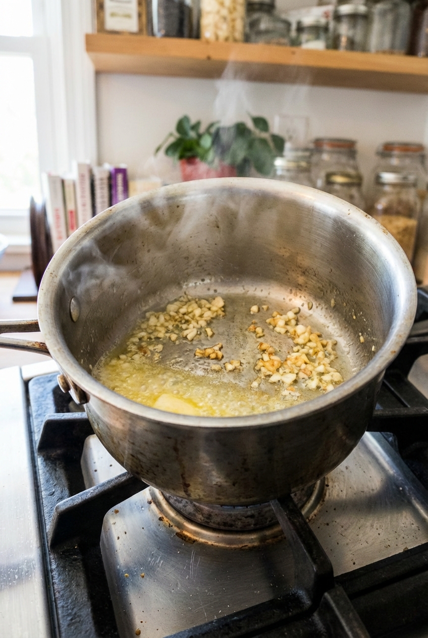 A small saucepan with melted butter and minced garlic gently sizzling on a stovetop