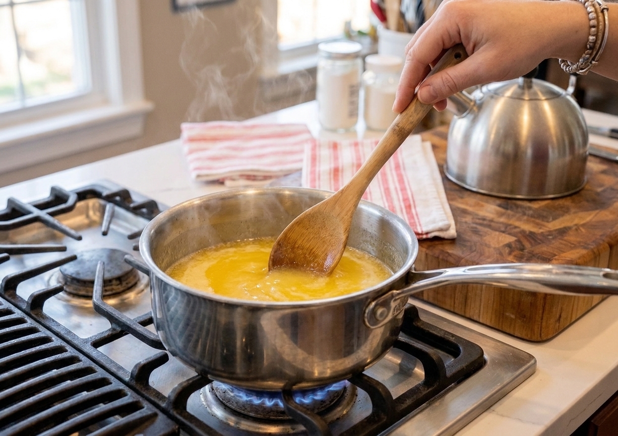 A small saucepan with melted butter being stirred until smooth