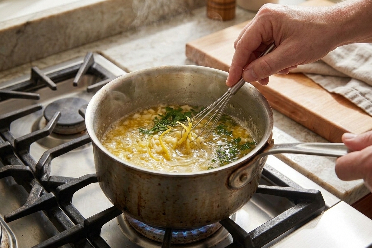 A small saucepan with melted butter being stirred with lemon zest, garlic, and chopped herbs on a stovetop