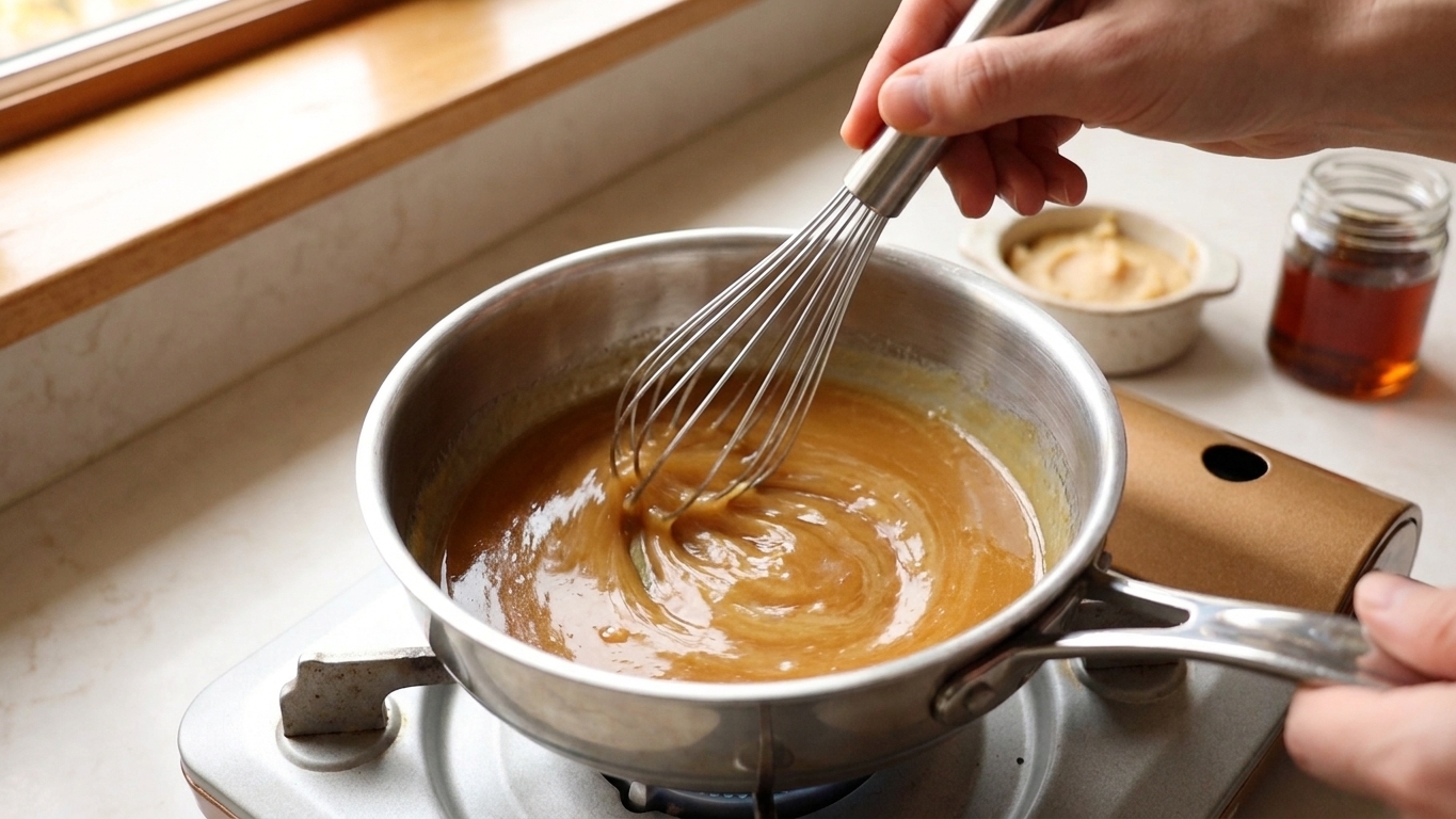 A small saucepan with melted butter being whisked with white miso and maple syrup into a smooth glossy sauce on a stovetop