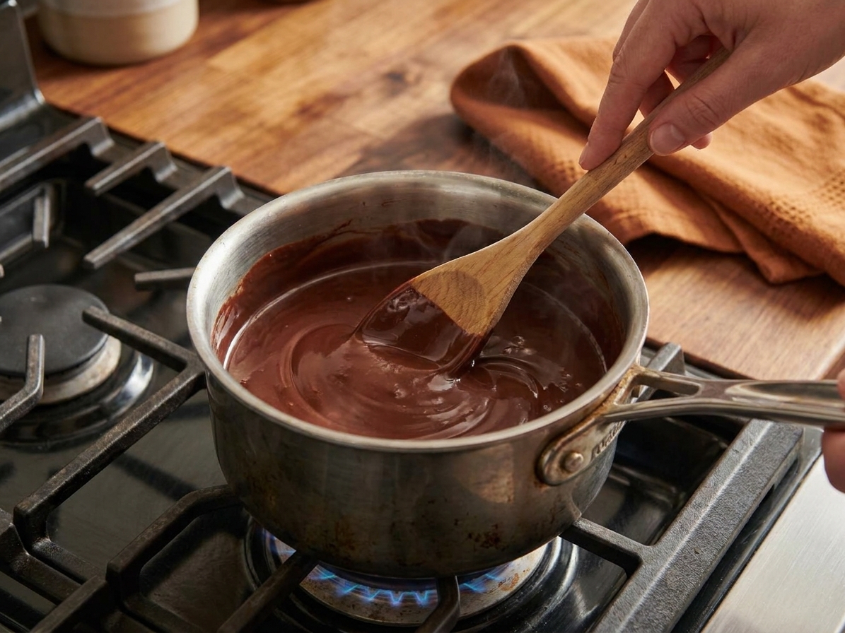 A small saucepan with melted chocolate and butter being stirred until smooth