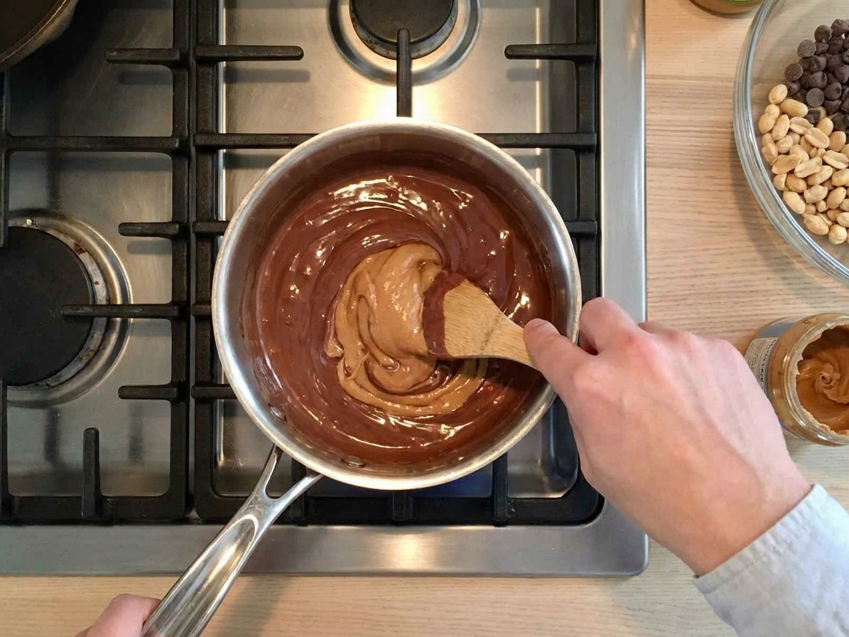 A small saucepan with melted peanut butter and chocolate being stirred with a spatula on a stovetop