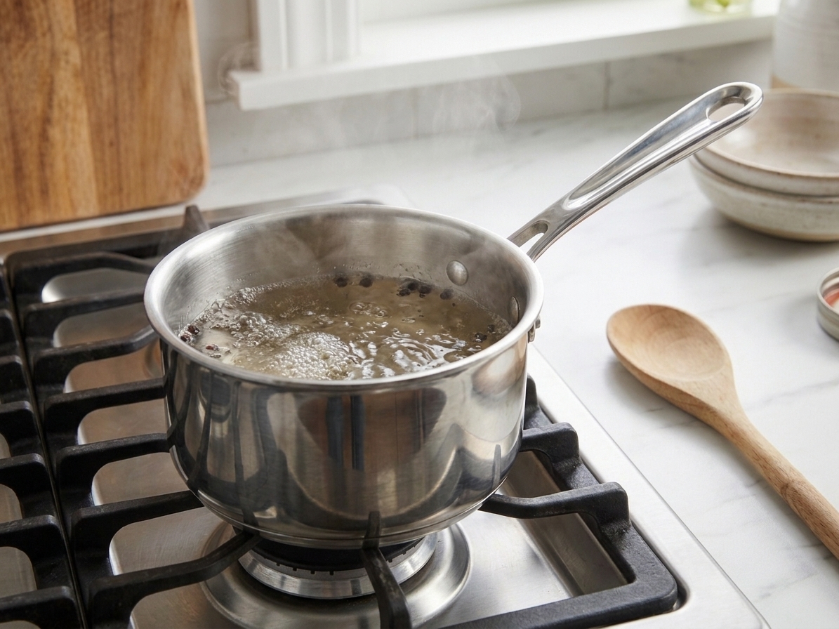 A small saucepan with pickling brine gently simmering on a stovetop with a spoon resting nearby