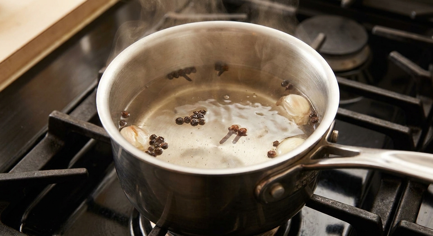 A small saucepan with vinegar brine heating, with peppercorns and garlic visible in the liquid