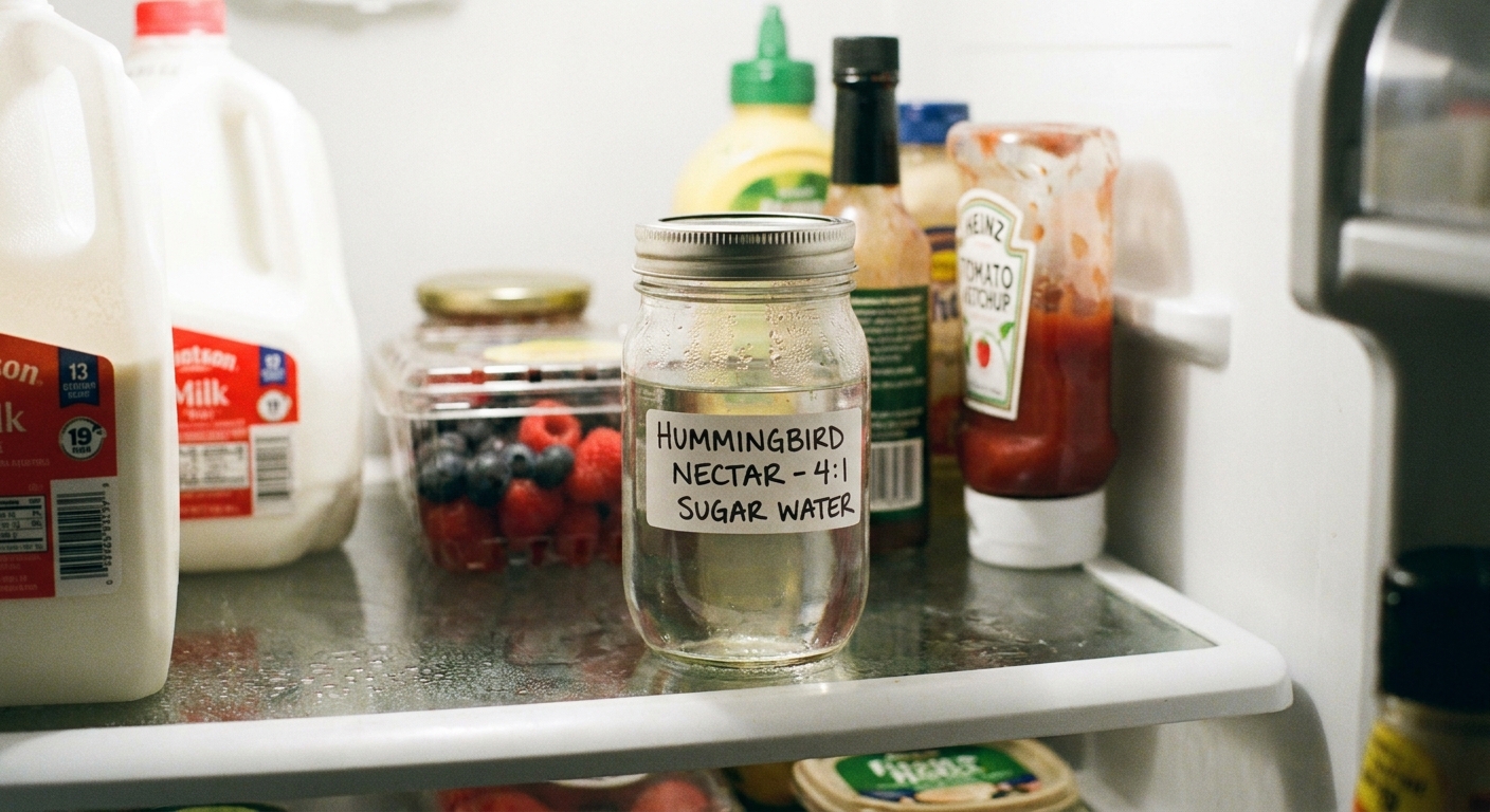 A small sealed glass jar of clear hummingbird sugar water sitting on a refrigerator shelf, realistic photography