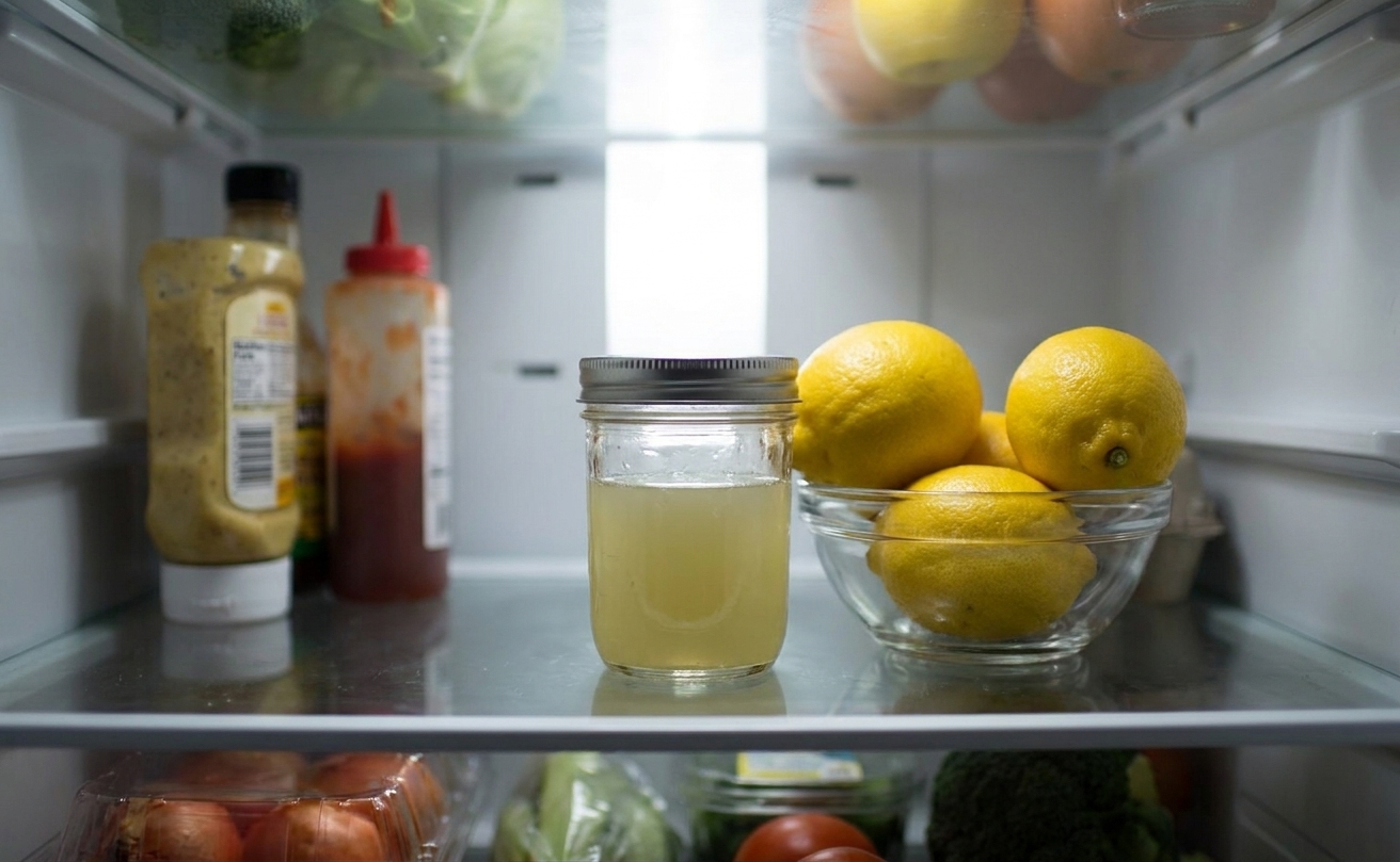 A small sealed glass jar of fresh lemon juice on a refrigerator shelf next to whole lemons