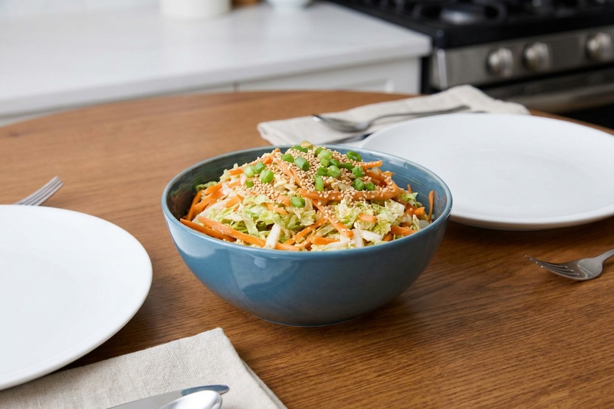 A small serving bowl filled with Asian coleslaw topped with sesame seeds and sliced scallions, set on a dinner table next to simple weeknight plates
