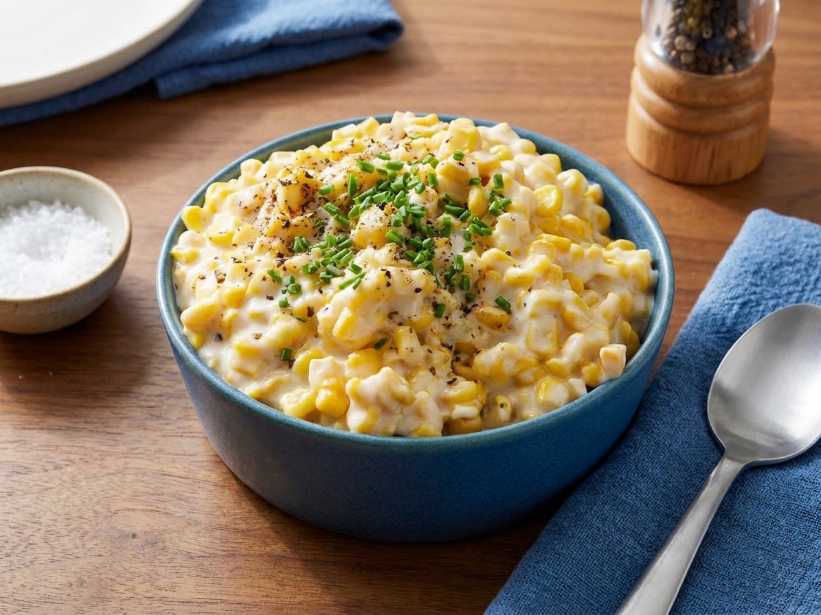 A small serving bowl filled with warm creamed corn topped with chopped chives and cracked black pepper on a dinner table with simple place settings